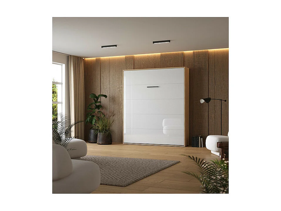 Lit escamotable 160x200cm Vertikal M1 Lit Mural Chene Kaiserberg-Blanc brillant