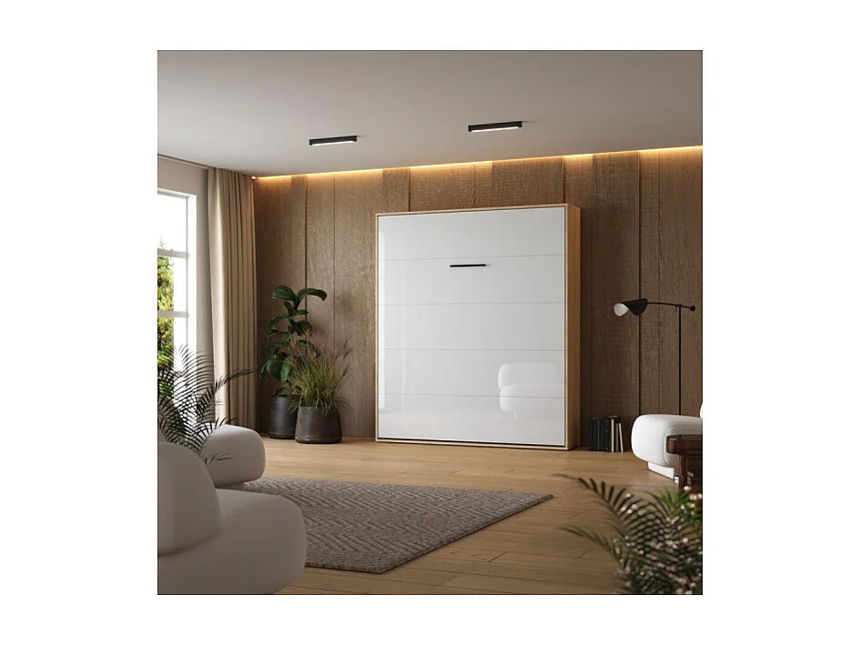 Lit escamotable 160x200cm Vertikal M1 Lit Mural Chene Kaiserberg-Blanc brillant