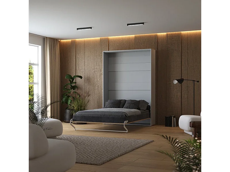 Lit escamotable 140x200cm Vertikal M1 Lit Mural Gris perle- Chene Kaiserberg