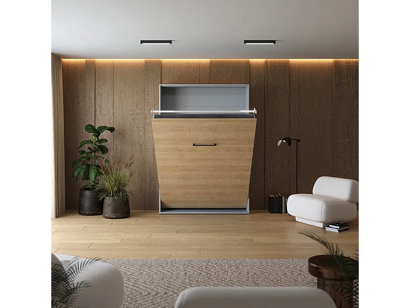 Lit escamotable 140x200cm Vertikal M1 Lit Mural Gris perle- Chene Kaiserberg