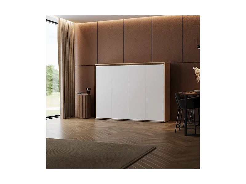 Lit escamotable 160x200cm Horizontal M2 Lit Mural Chene Kaiser-Blanc