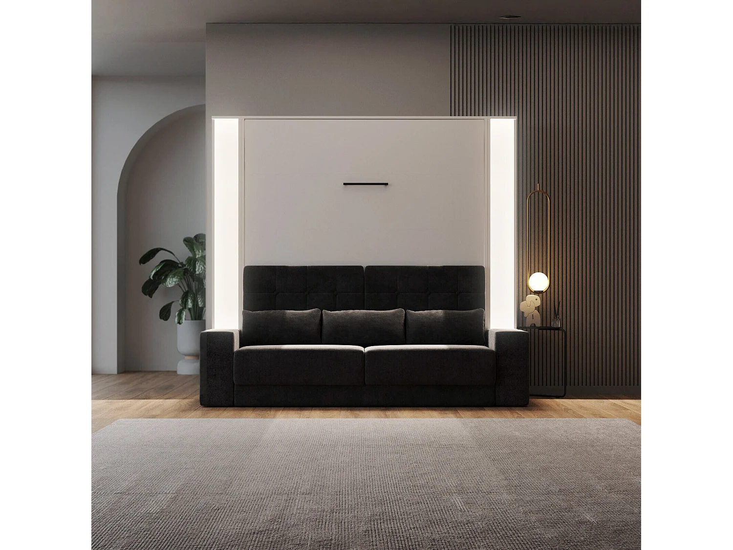 Lit escamotable ensemble 2 placards étagère et canapé 180x200cm Lit Mural Blanc inc.LED