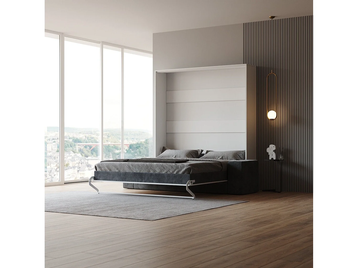 Lit escamotable ensemble 2 placards étagère et canapé 160x200cm Lit Mural Blanc inc.LED