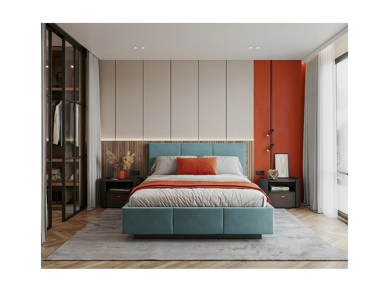 Lit coffre Aveiro 140 x 200 cm avec sommier à lattes relevable Azur