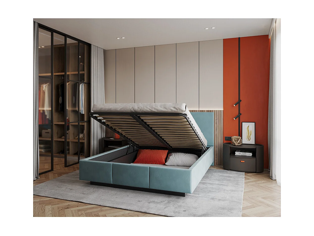 Lit coffre Aveiro 140 x 200 cm avec sommier à lattes relevable Azur