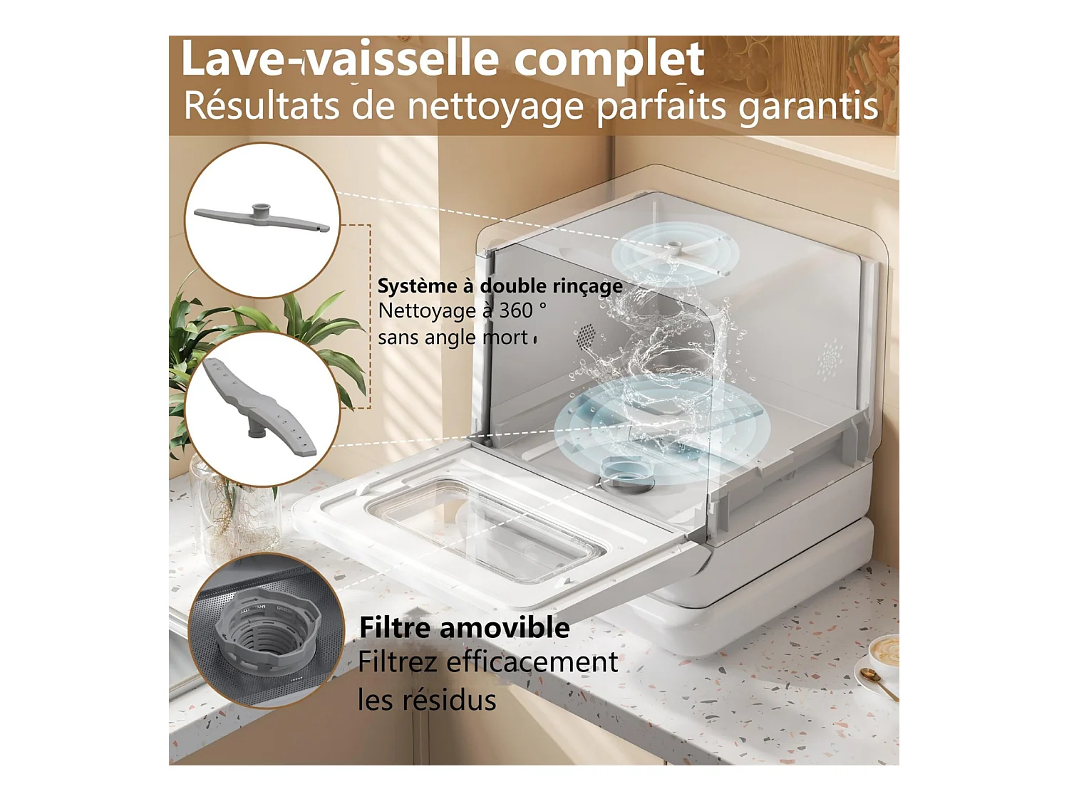 Mini lavavajillas portátiles 44 cm - 3 cubiertas - 55dB - 5 modos de limpieza - lavado de 360 ° - con ventil automático