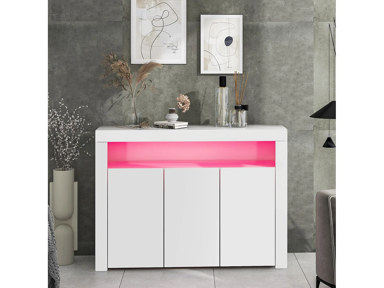 Buffet 3 portes et 1 niche - Panneau de particule - avec 16 couleurs LED et télécommande - Blanc
