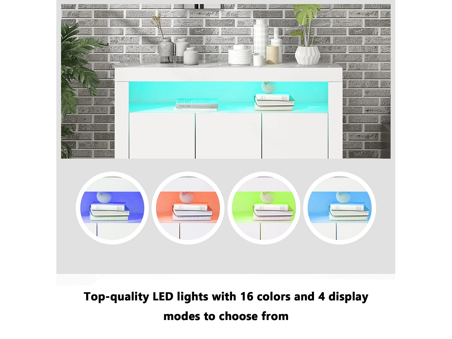 Buffet 3 portes et 1 niche - Panneau de particule - avec 16 couleurs LED et télécommande - Blanc