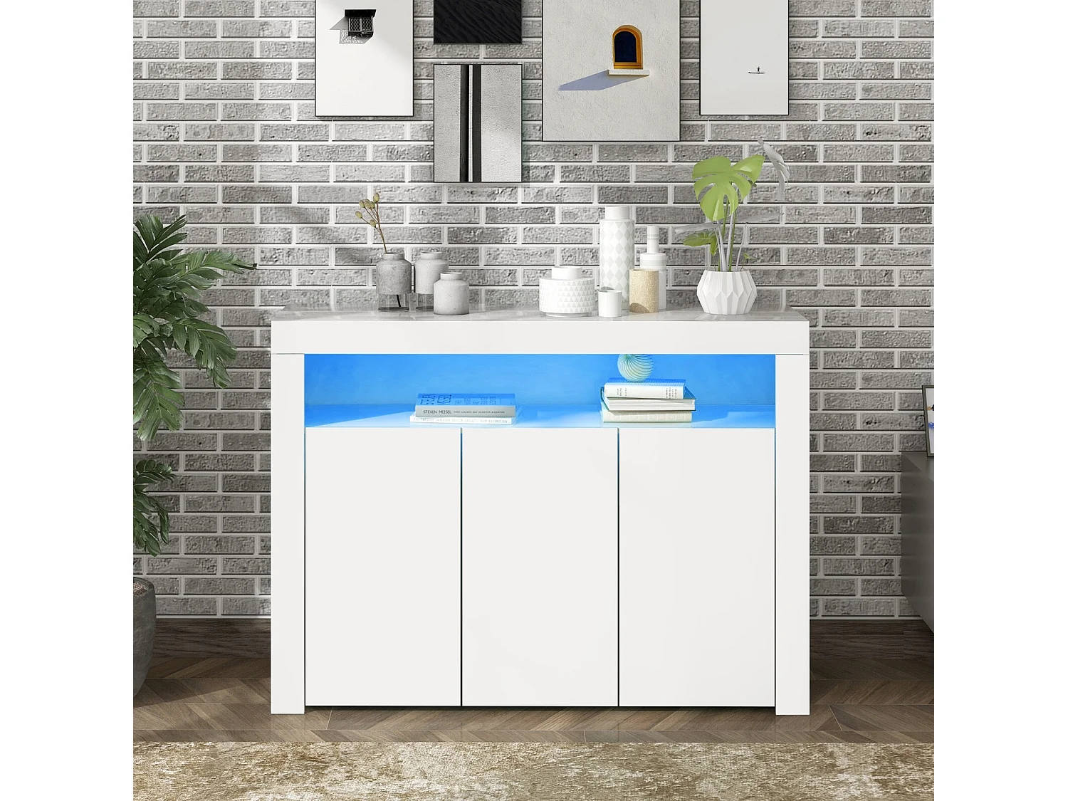 Buffet 3 portes et 1 niche - Panneau de particule - avec 16 couleurs LED et télécommande - Blanc