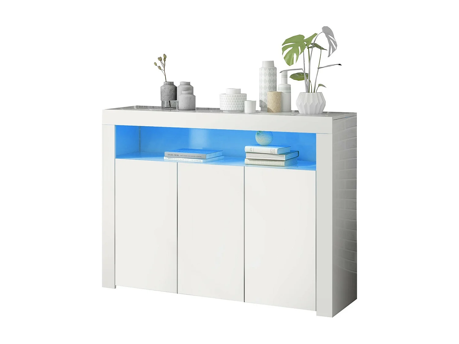 Buffet 3 portes et 1 niche - Panneau de particule - avec 16 couleurs LED et télécommande - Blanc