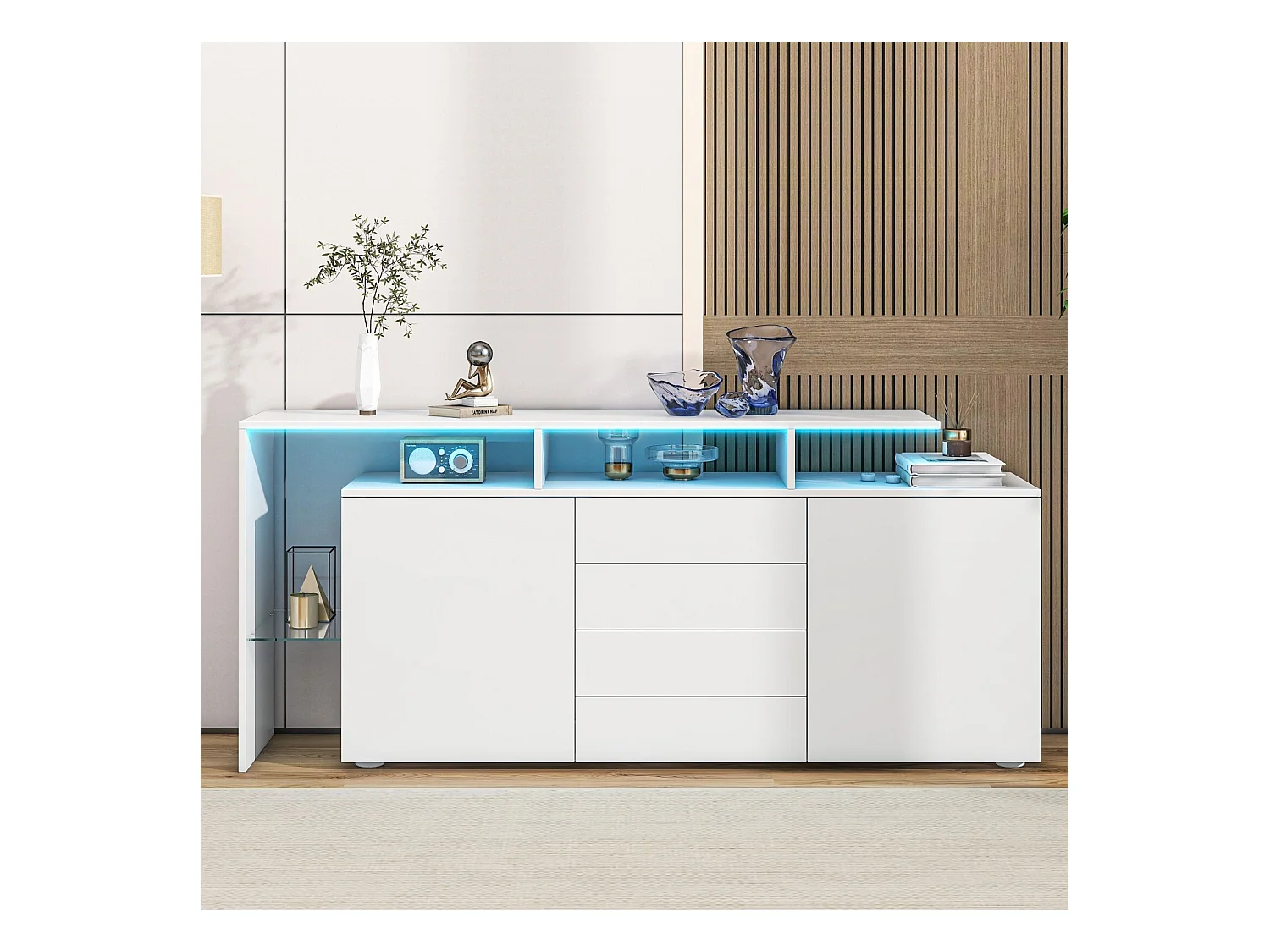 Buffet 2 portes 4 tiroirs et 1 étagère de verre, Meuble TV 160cm, avec LED, Panneau de particule, Blanc, 160x35x70cm
