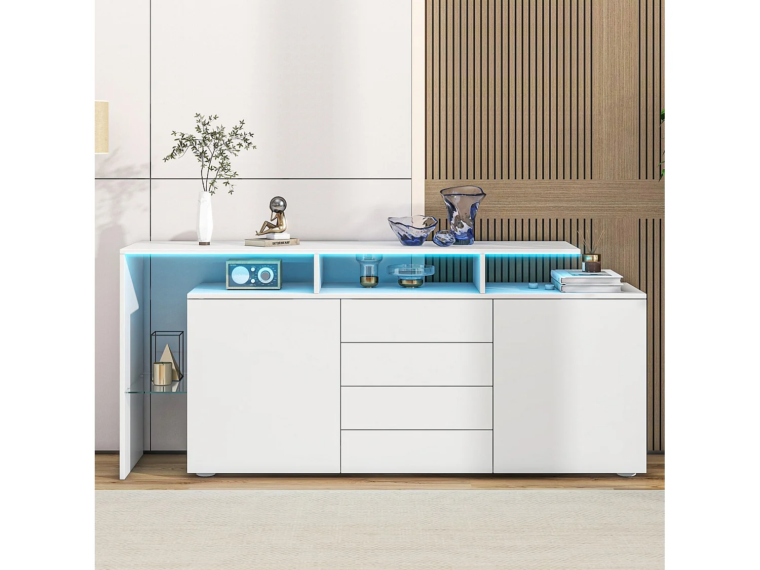 Buffet 2 portes 4 tiroirs et 1 étagère de verre, Meuble TV 160cm, avec LED, Panneau de particule, Blanc, 160x35x70cm