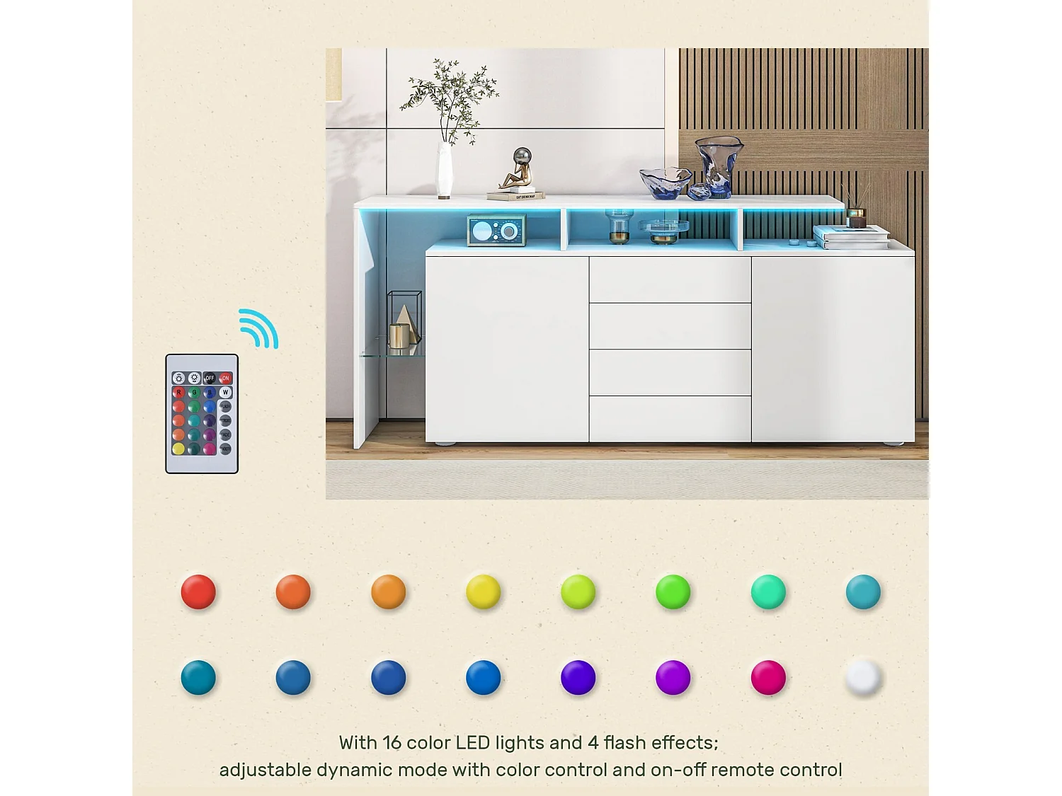 Buffet 2 portes 4 tiroirs et 1 étagère de verre, Meuble TV 160cm, avec LED, Panneau de particule, Blanc, 160x35x70cm