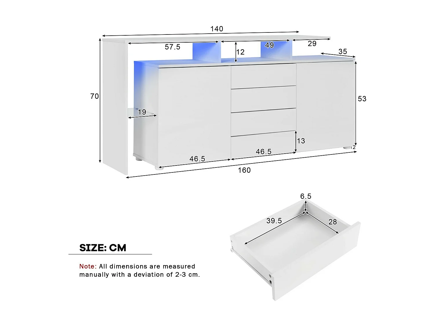 Buffet 2 portes 4 tiroirs et 1 étagère de verre, Meuble TV 160cm, avec LED, Panneau de particule, Blanc, 160x35x70cm