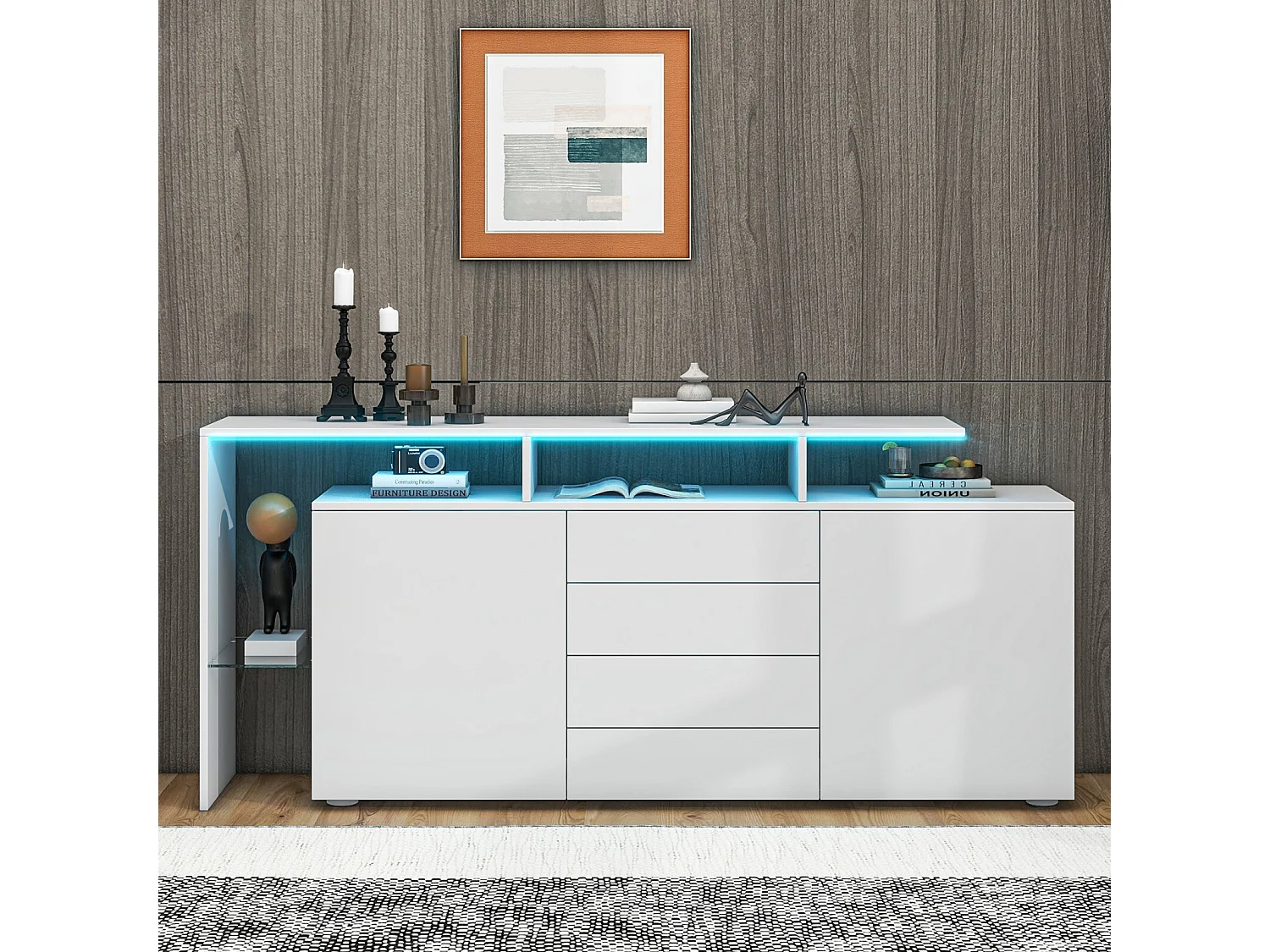 Buffet 2 portes 4 tiroirs et 1 étagère de verre, Meuble TV 160cm, avec LED, Panneau de particule, Blanc, 160x35x70cm