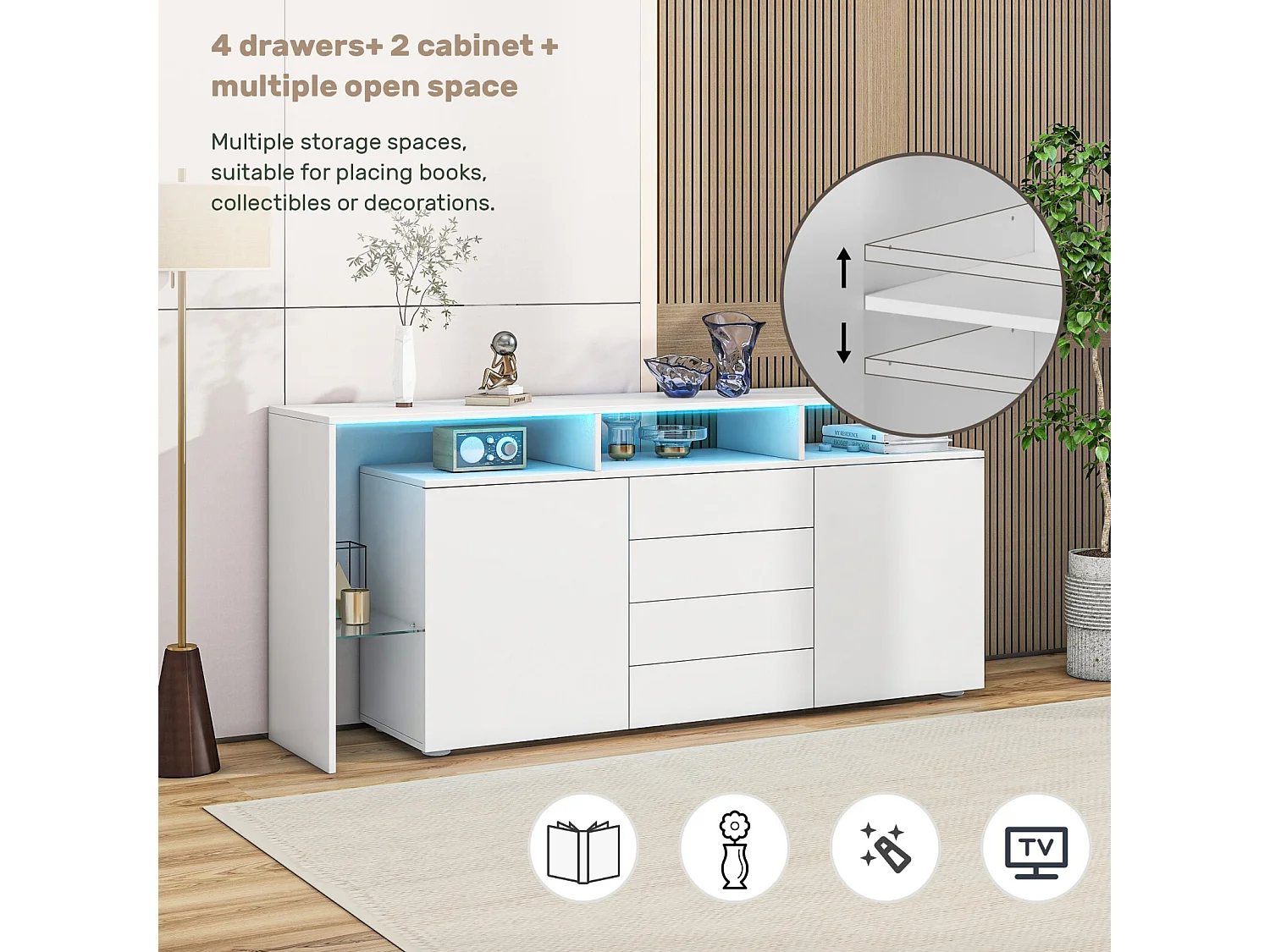 Buffet 2 portes 4 tiroirs et 1 étagère de verre, Meuble TV 160cm, avec LED, Panneau de particule, Blanc, 160x35x70cm