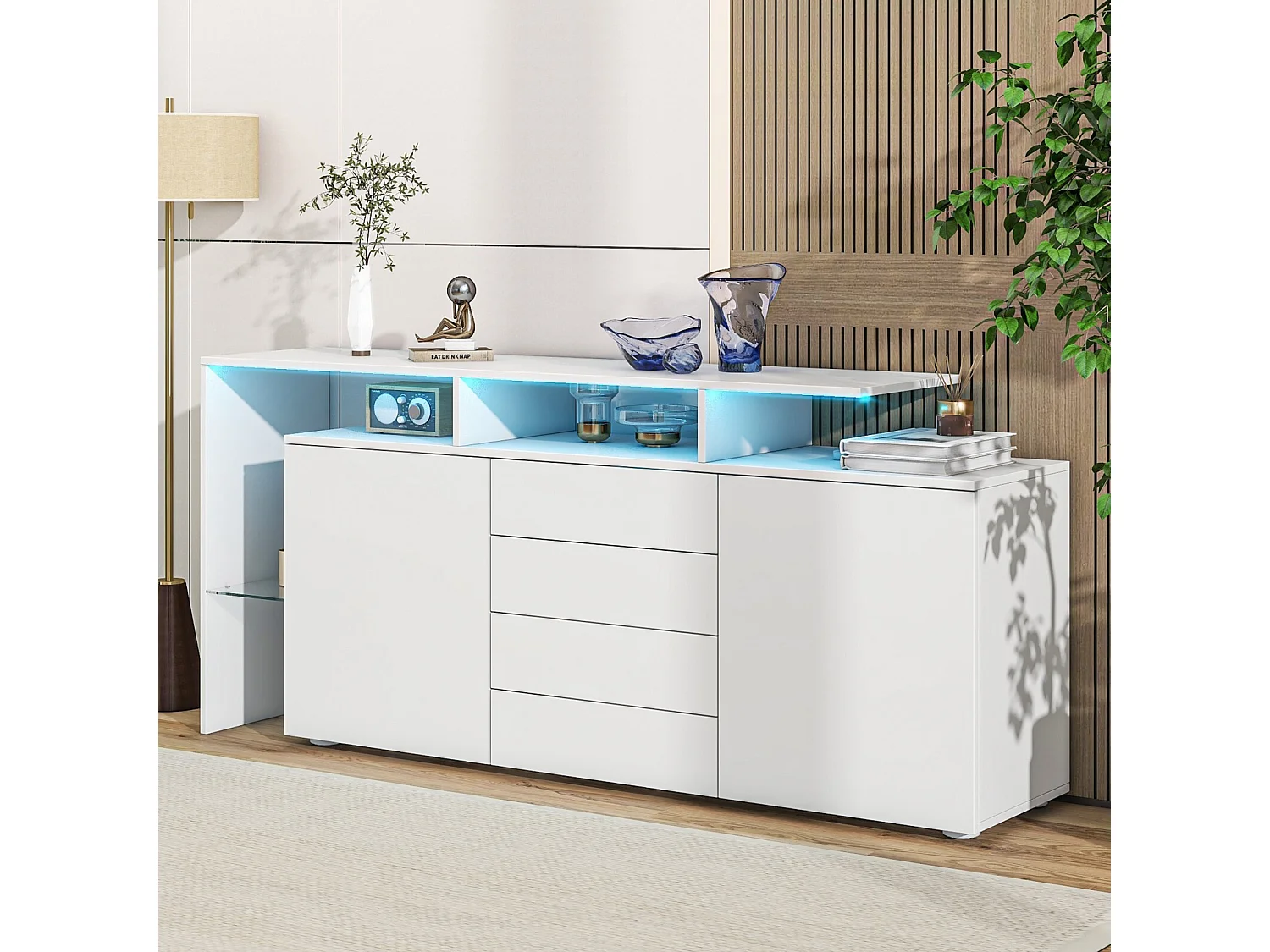 Buffet 2 portes 4 tiroirs et 1 étagère de verre, Meuble TV 160cm, avec LED, Panneau de particule, Blanc, 160x35x70cm