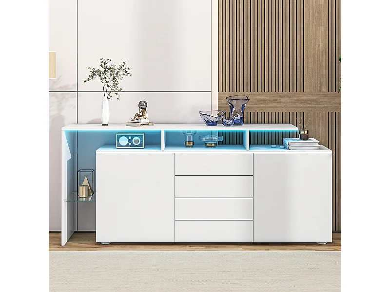 Buffet 2 portes 4 tiroirs et 1 étagère de verre, Meuble TV 160cm, avec LED, Panneau de particule, Blanc, 160x35x70cm