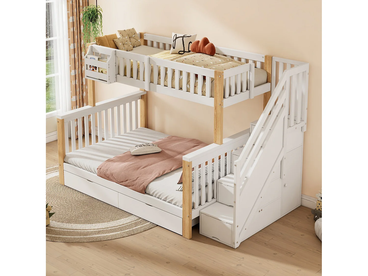 Lit superposé 90 x 200 cm + 140 x 200 cm - cadre en bois - Avec rangements et escalier - Blanc et naturel