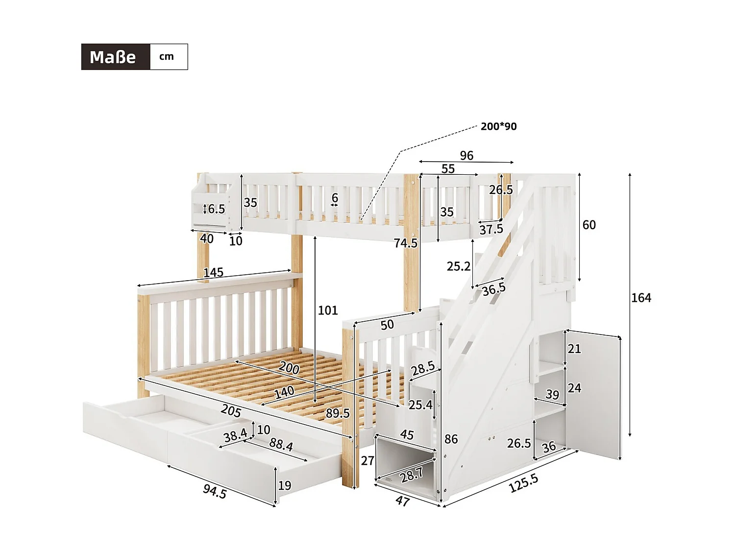Lit superposé 90 x 200 cm + 140 x 200 cm - cadre en bois - Avec rangements et escalier - Blanc et naturel