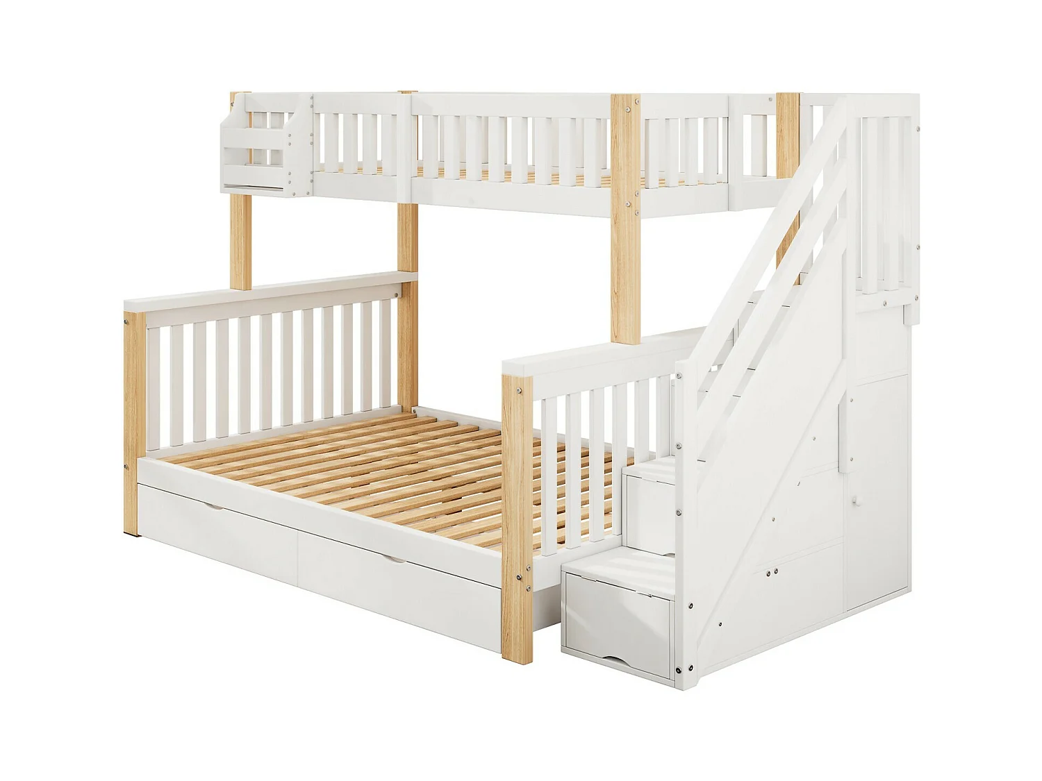 Litera 90 x 200 cm + 140 x 200 cm - marco de madera - con almacenamiento y escalera - blanco y natural