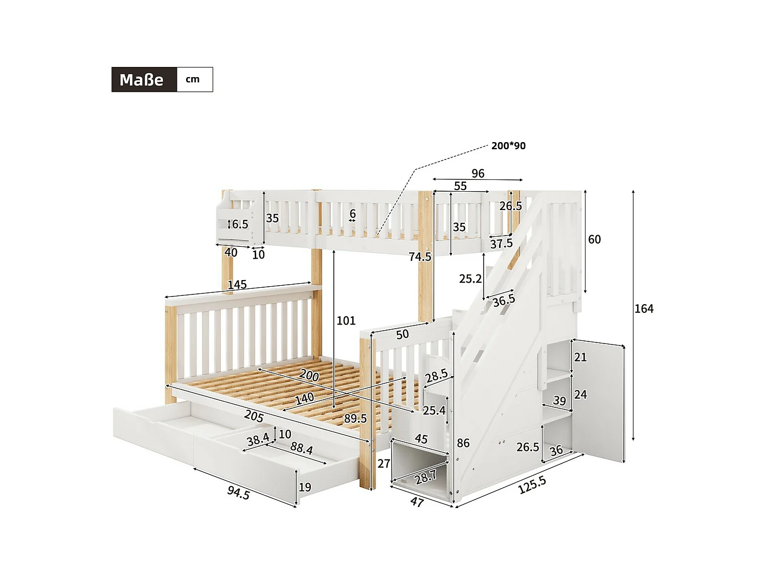 Litera 90 x 200 cm + 140 x 200 cm - marco de madera - con almacenamiento y escalera - blanco y natural