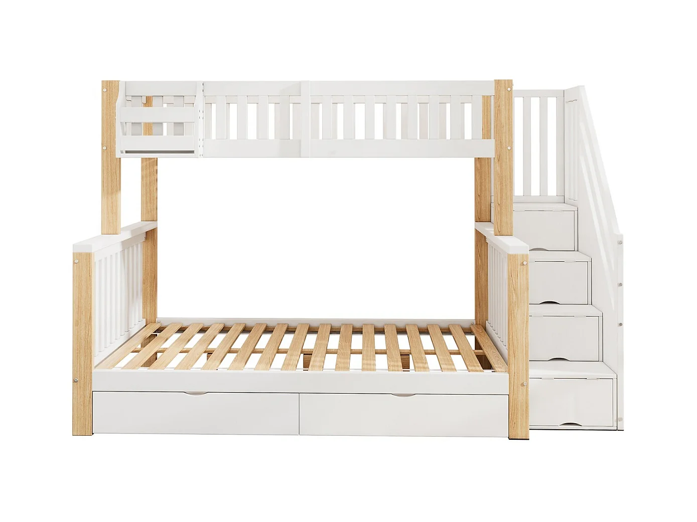 Litera 90 x 200 cm + 140 x 200 cm - marco de madera - con almacenamiento y escalera - blanco y natural