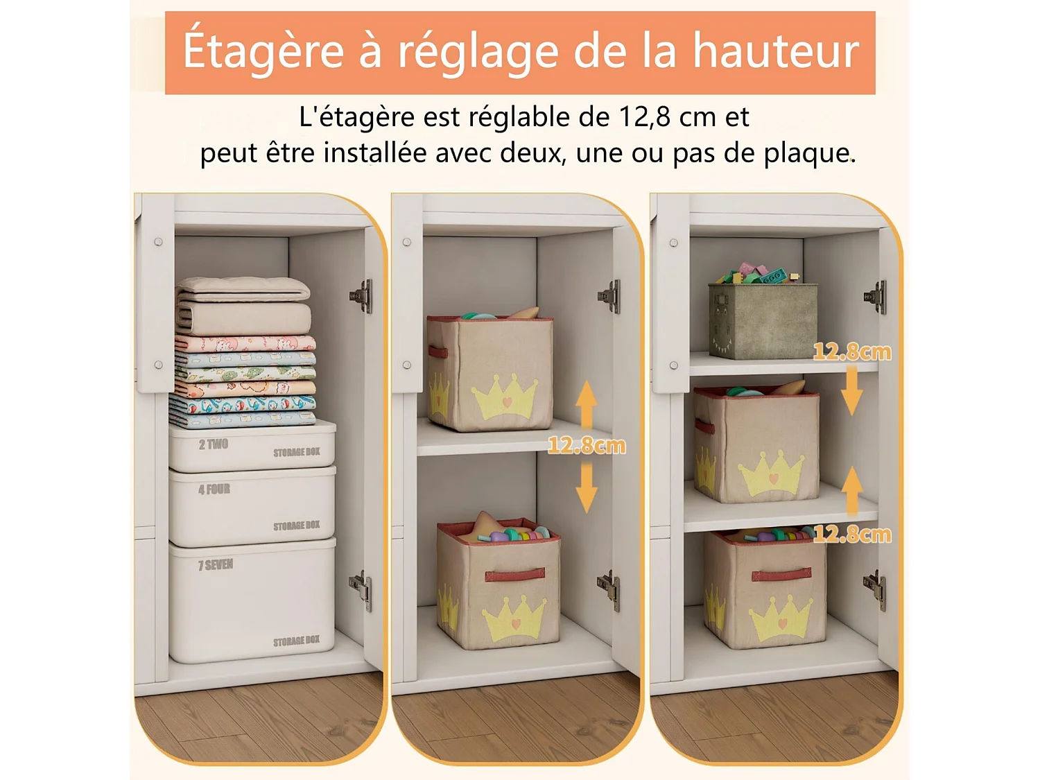 Lit superposé 90 x 200 cm + 140 x 200 cm - cadre en bois - Avec rangements et escalier - Blanc et naturel