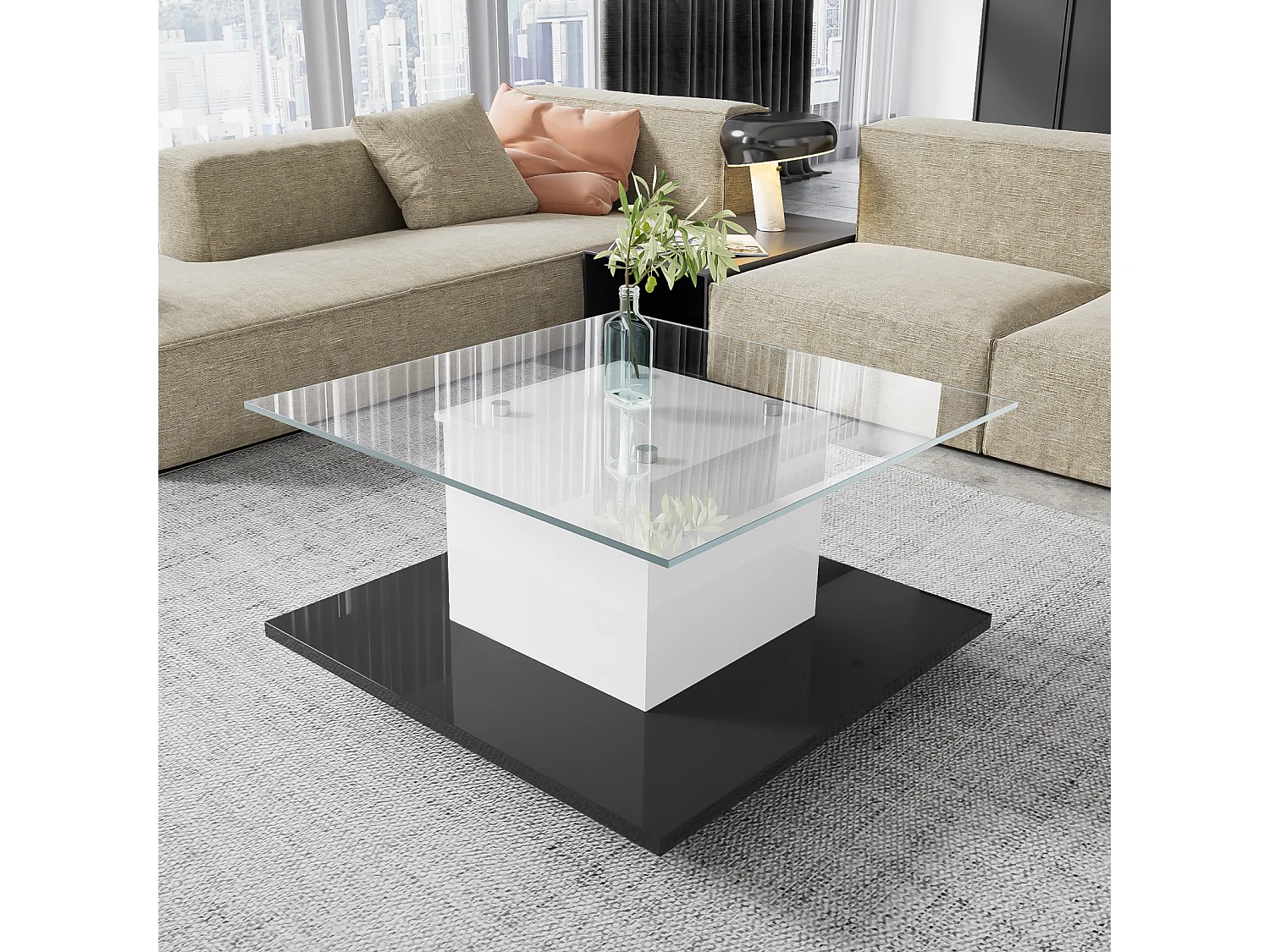 Tavolino quadrato di pivot - con LED regolabili e ruote di freni - pannello di vetro e particelle - bianco e nero - 80x80x40cm