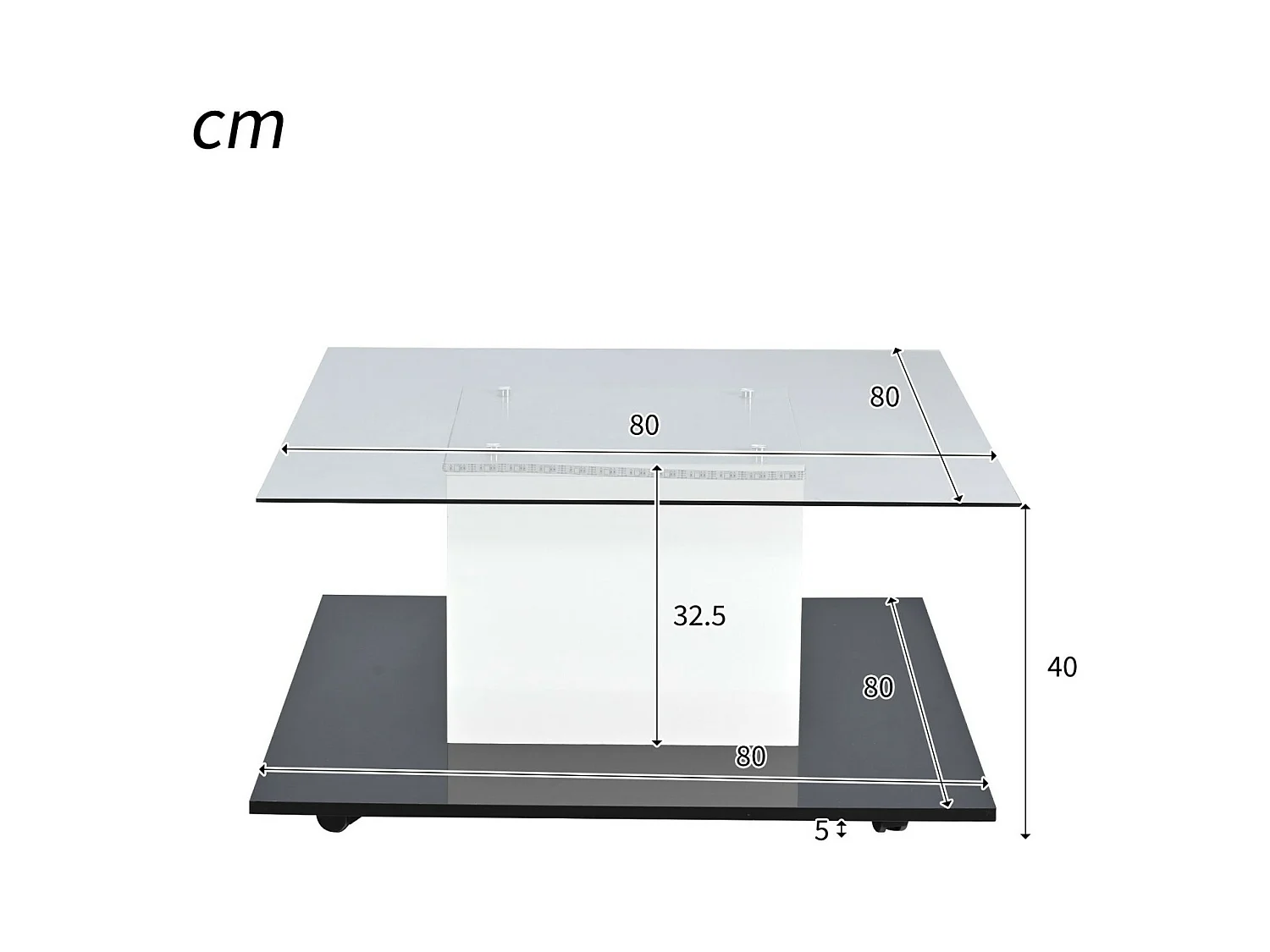 Tavolino quadrato di pivot - con LED regolabili e ruote di freni - pannello di vetro e particelle - bianco e nero - 80x80x40cm