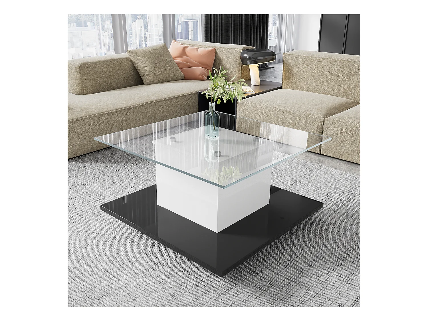 Table basse carré pivotante - avec LED réglables et roulettes frein - verre et panneau de particule - Blanc et Noir - 80x80x40cm