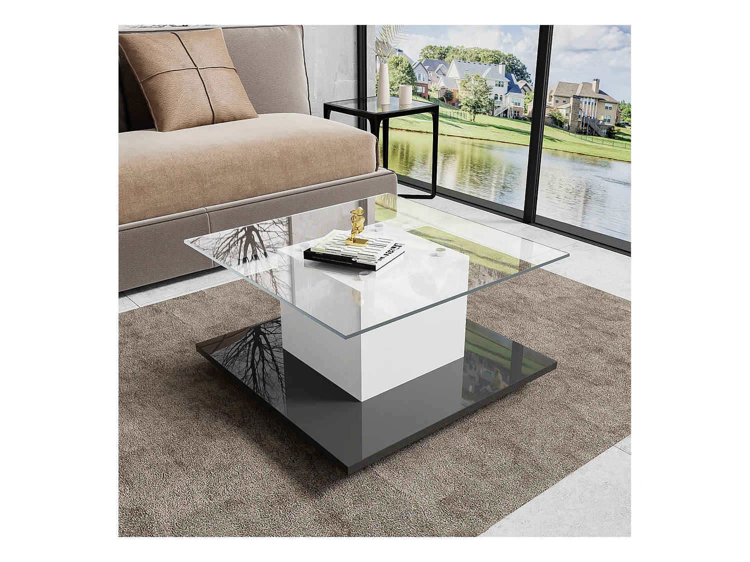 Table basse carré pivotante - avec LED réglables et roulettes frein - verre et panneau de particule - Blanc et Noir - 80x80x40cm