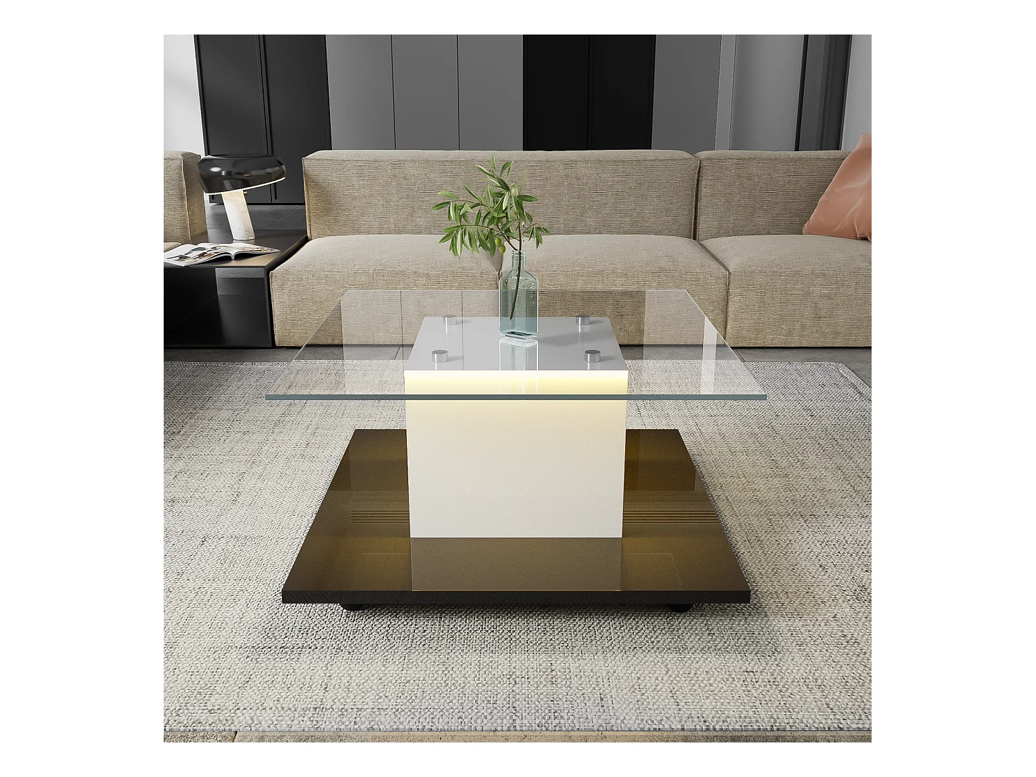 Table basse carré pivotante - avec LED réglables et roulettes frein - verre et panneau de particule - Blanc et Noir - 80x80x40cm