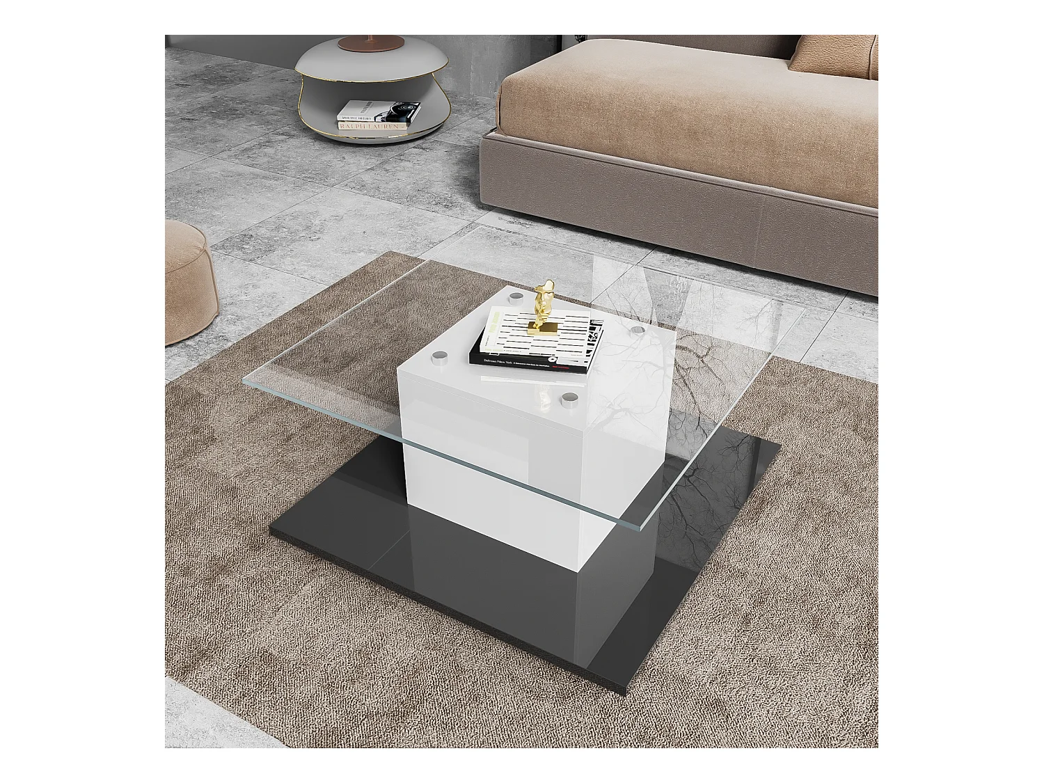 Table basse carré pivotante - avec LED réglables et roulettes frein - verre et panneau de particule - Blanc et Noir - 80x80x40cm