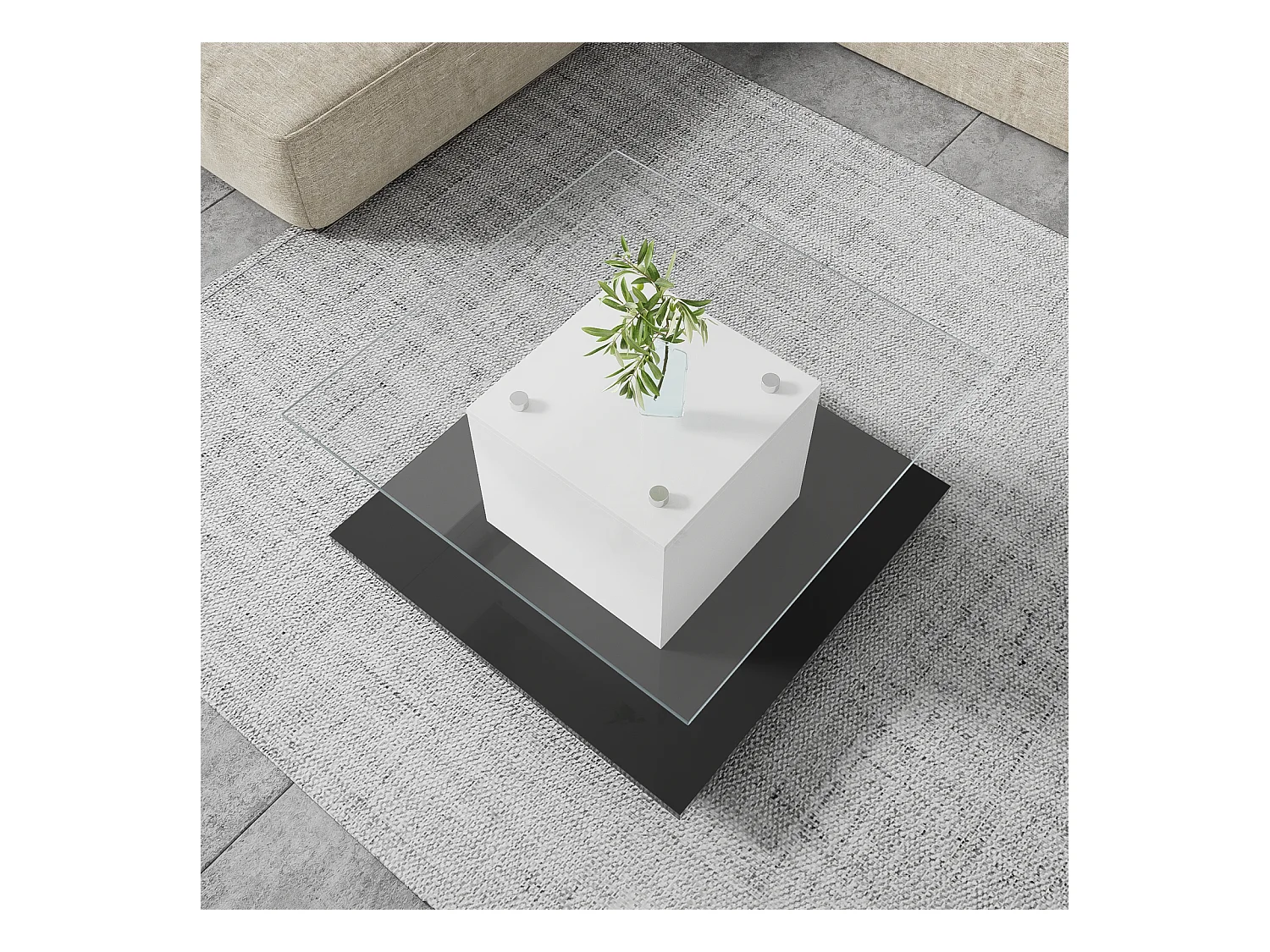 Table basse carré pivotante - avec LED réglables et roulettes frein - verre et panneau de particule - Blanc et Noir - 80x80x40cm