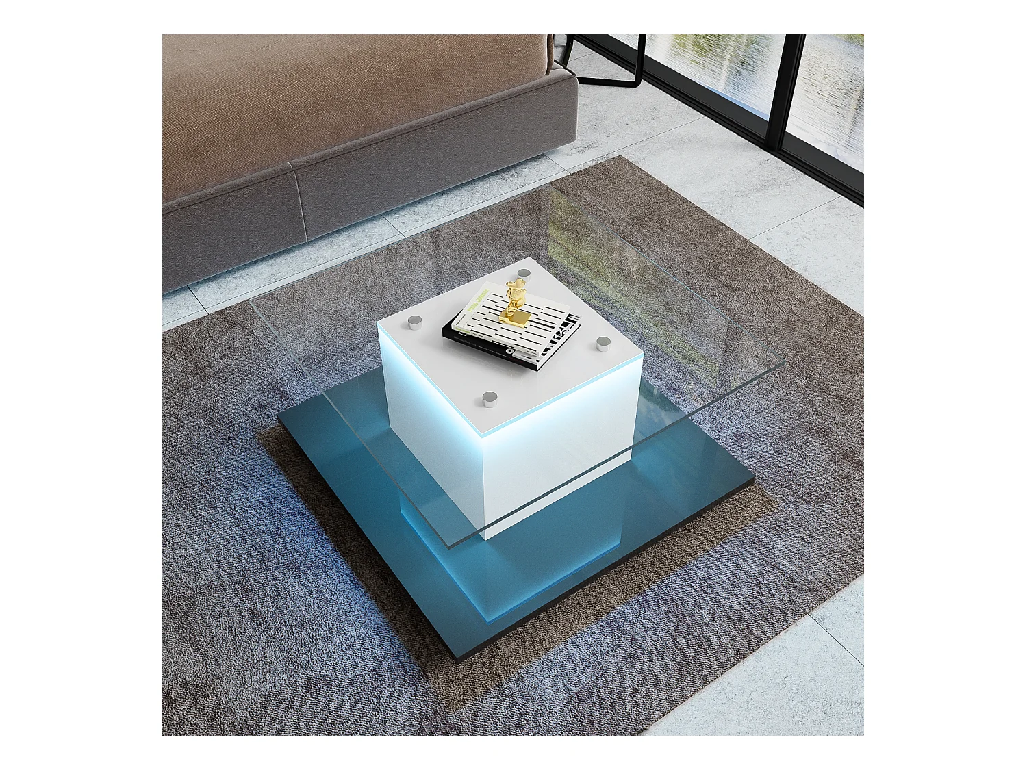 Table basse carré pivotante - avec LED réglables et roulettes frein - verre et panneau de particule - Blanc et Noir - 80x80x40cm
