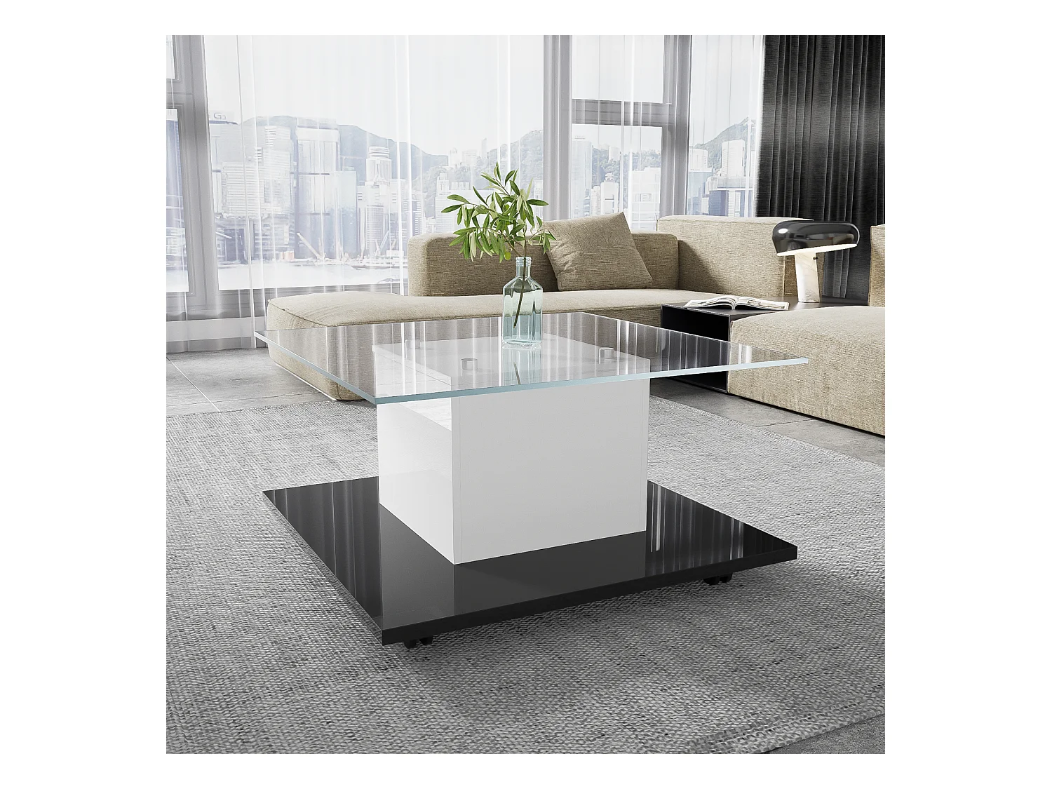 Table basse carré pivotante - avec LED réglables et roulettes frein - verre et panneau de particule - Blanc et Noir - 80x80x40cm