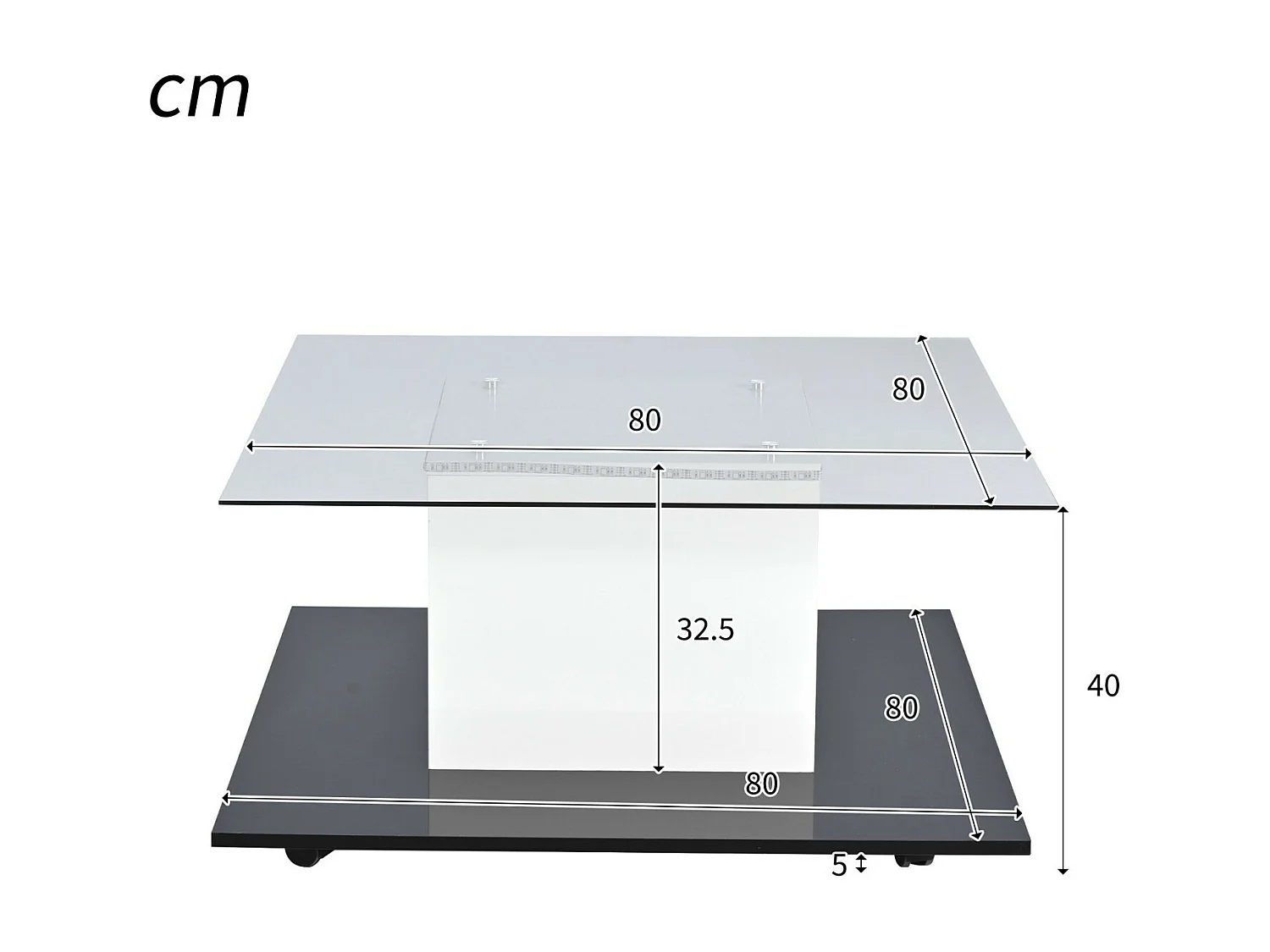 Table basse carré pivotante - avec LED réglables et roulettes frein - verre et panneau de particule - Blanc et Noir - 80x80x40cm