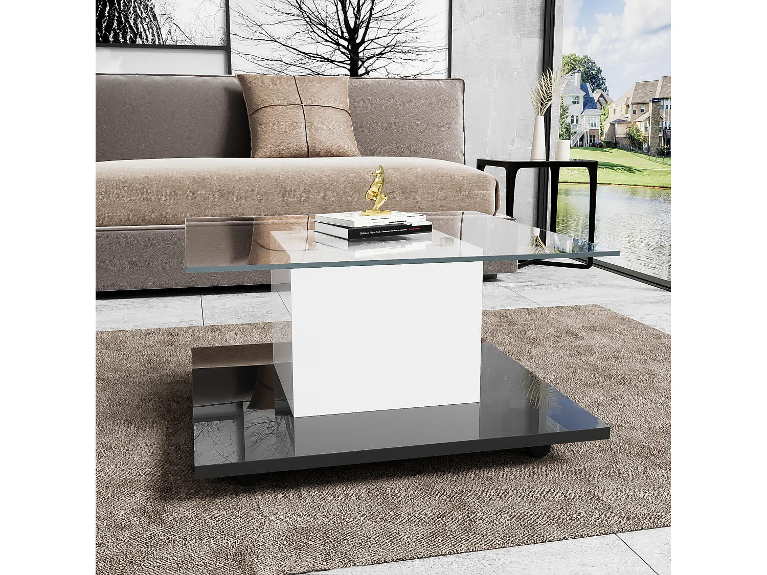 Table basse carré pivotante - avec LED réglables et roulettes frein - verre et panneau de particule - Blanc et Noir - 80x80x40cm