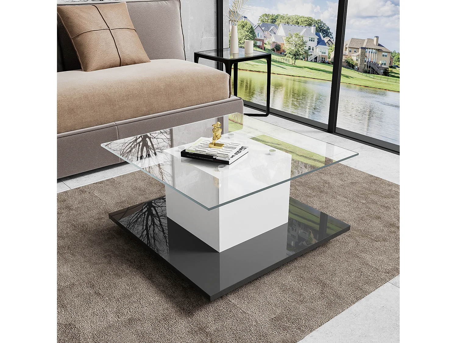 Table basse carré pivotante - avec LED réglables et roulettes frein - verre et panneau de particule - Blanc et Noir - 80x80x40cm