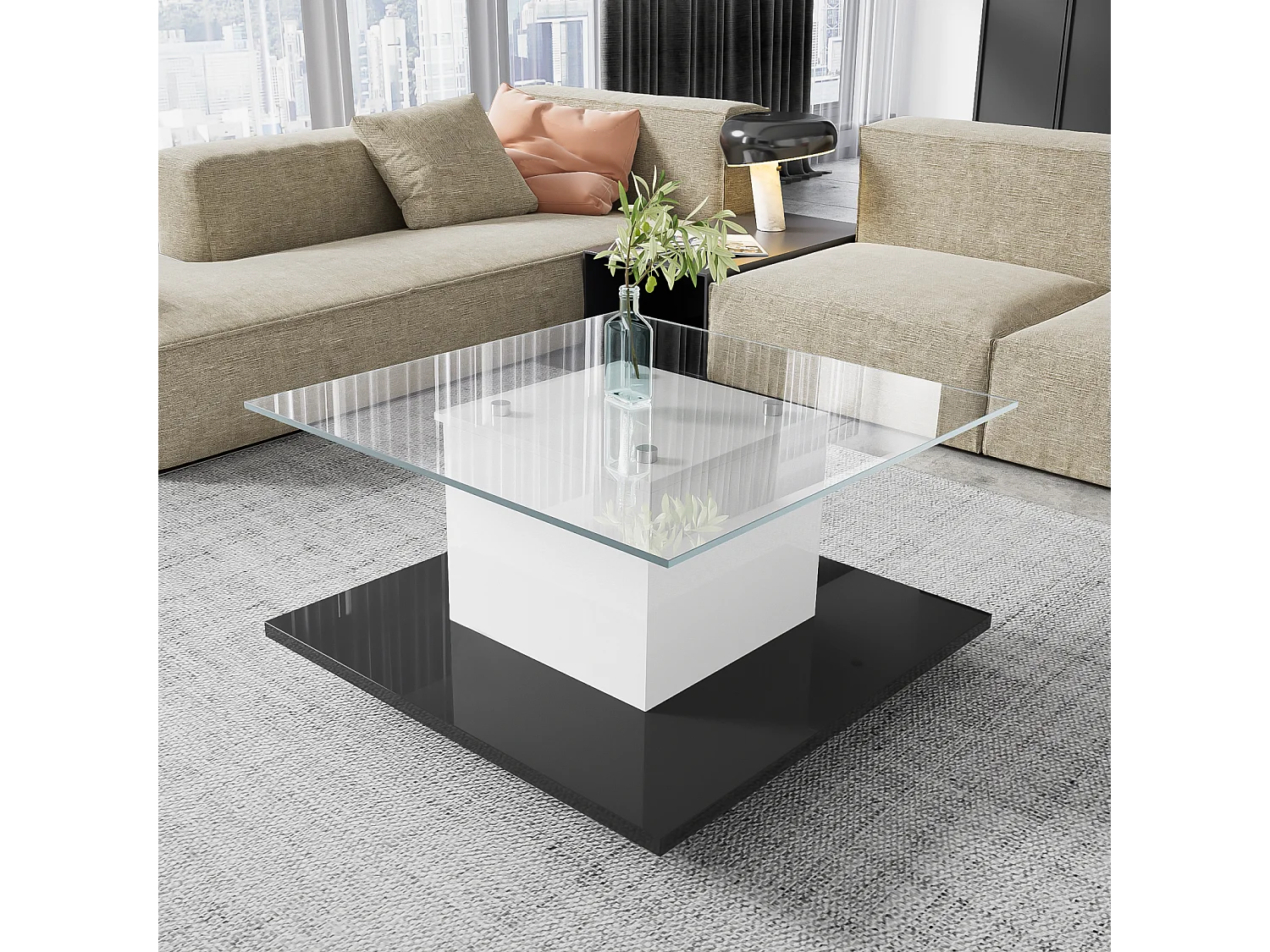 Tavolino quadrato di pivot - con LED regolabili e ruote di freni - pannello di vetro e particelle - bianco e nero - 80x80x40cm