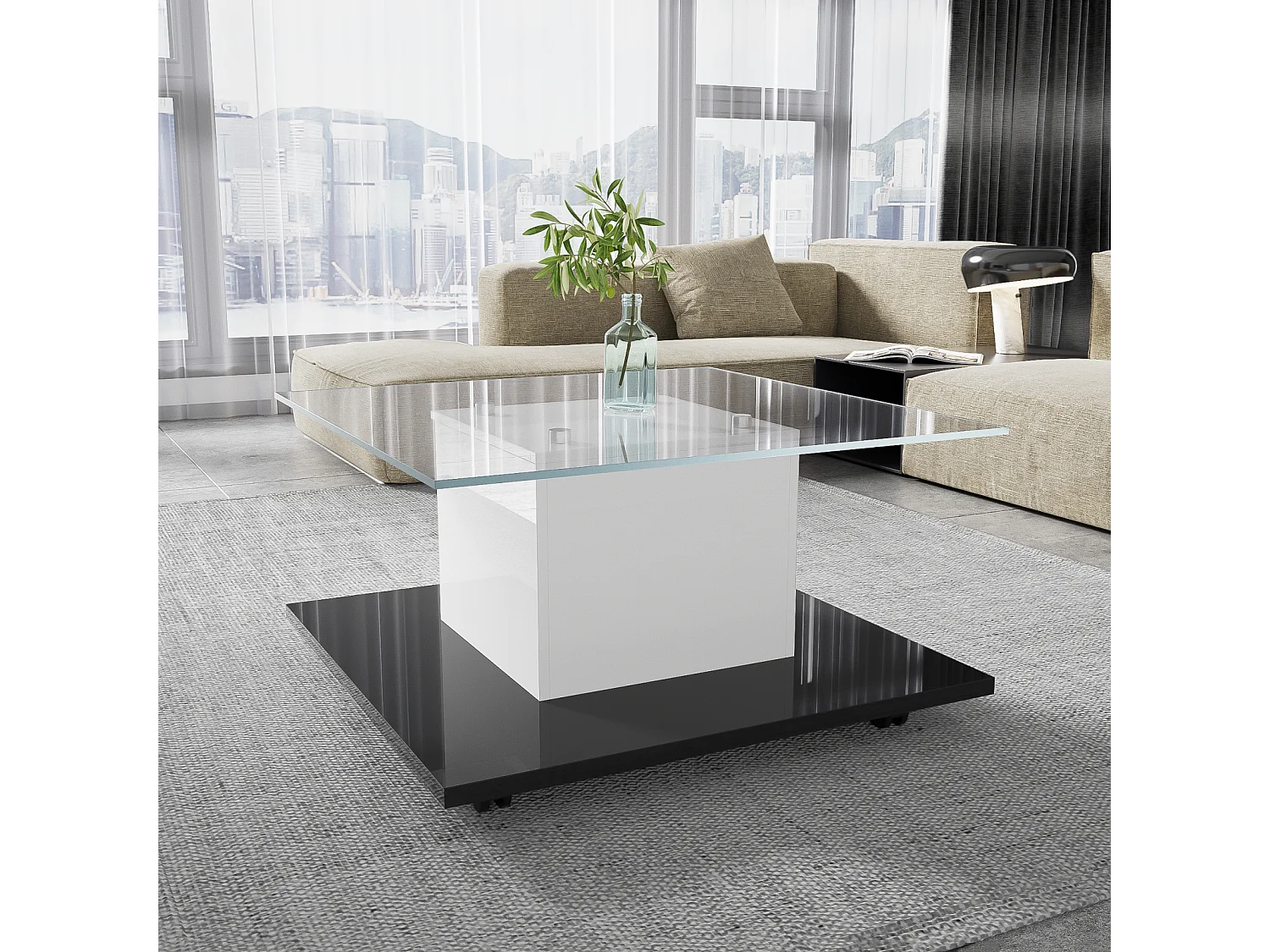 Tavolino quadrato di pivot - con LED regolabili e ruote di freni - pannello di vetro e particelle - bianco e nero - 80x80x40cm