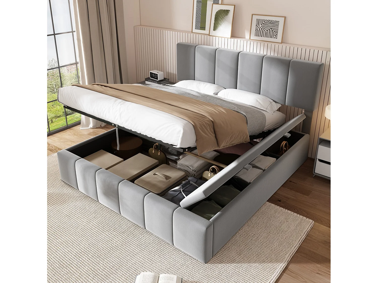 Lit coffre 160 x 200 cm avec tête de lit capitonnée - Velours Gris - cadre à lattes - lit 2 places avec banc de rangement sur le côté