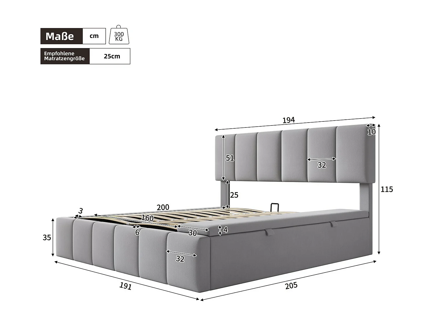 Lit coffre 160 x 200 cm avec tête de lit capitonnée - Velours Gris - cadre à lattes - lit 2 places avec banc de rangement sur le côté