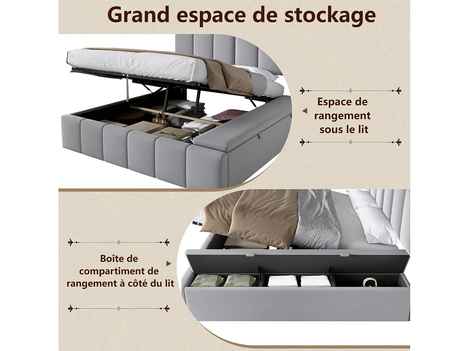 Lit coffre 160 x 200 cm avec tête de lit capitonnée - Velours Gris - cadre à lattes - lit 2 places avec banc de rangement sur le côté