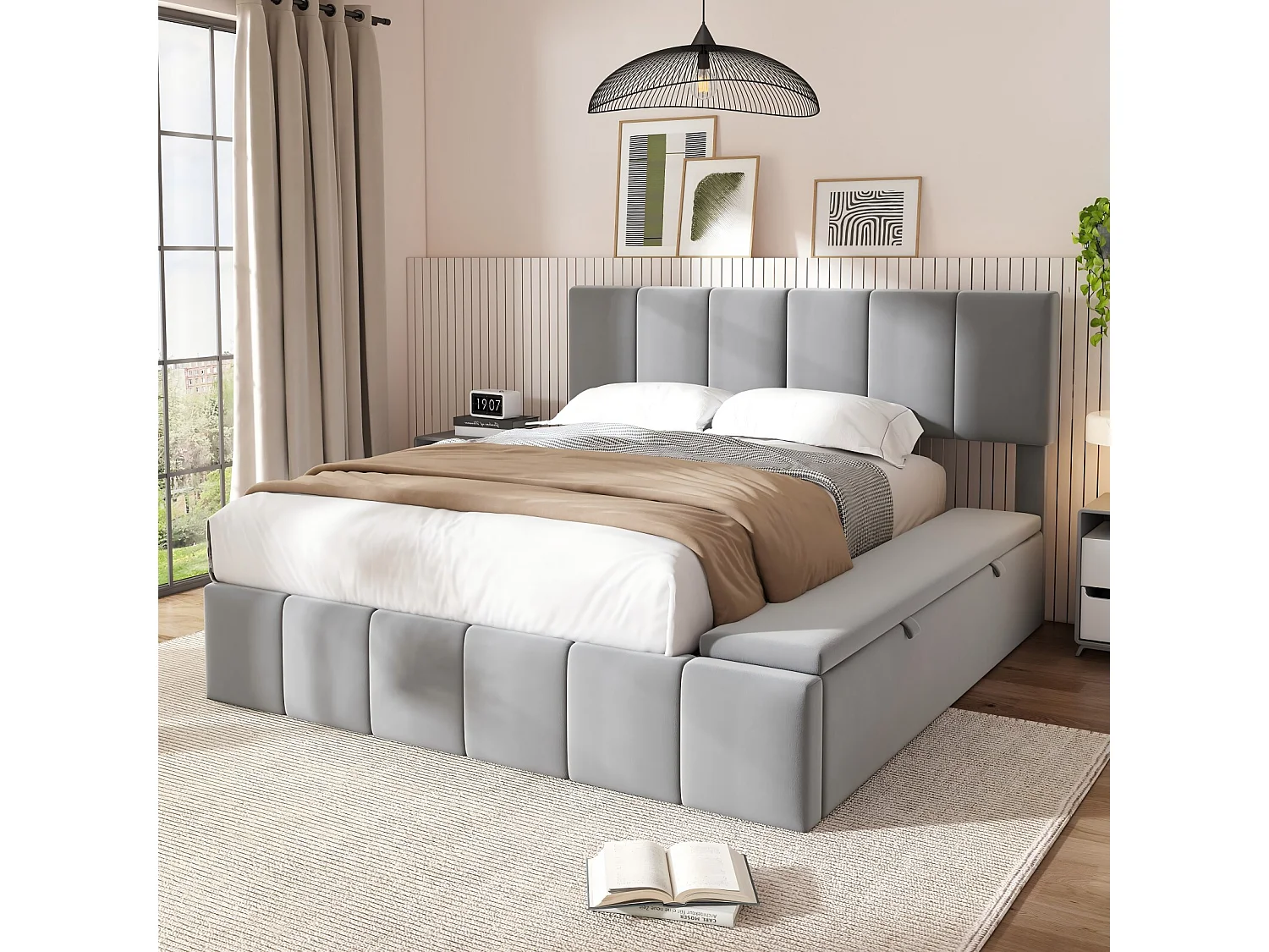 Lit coffre 160 x 200 cm avec tête de lit capitonnée - Velours Gris - cadre à lattes - lit 2 places avec banc de rangement sur le côté