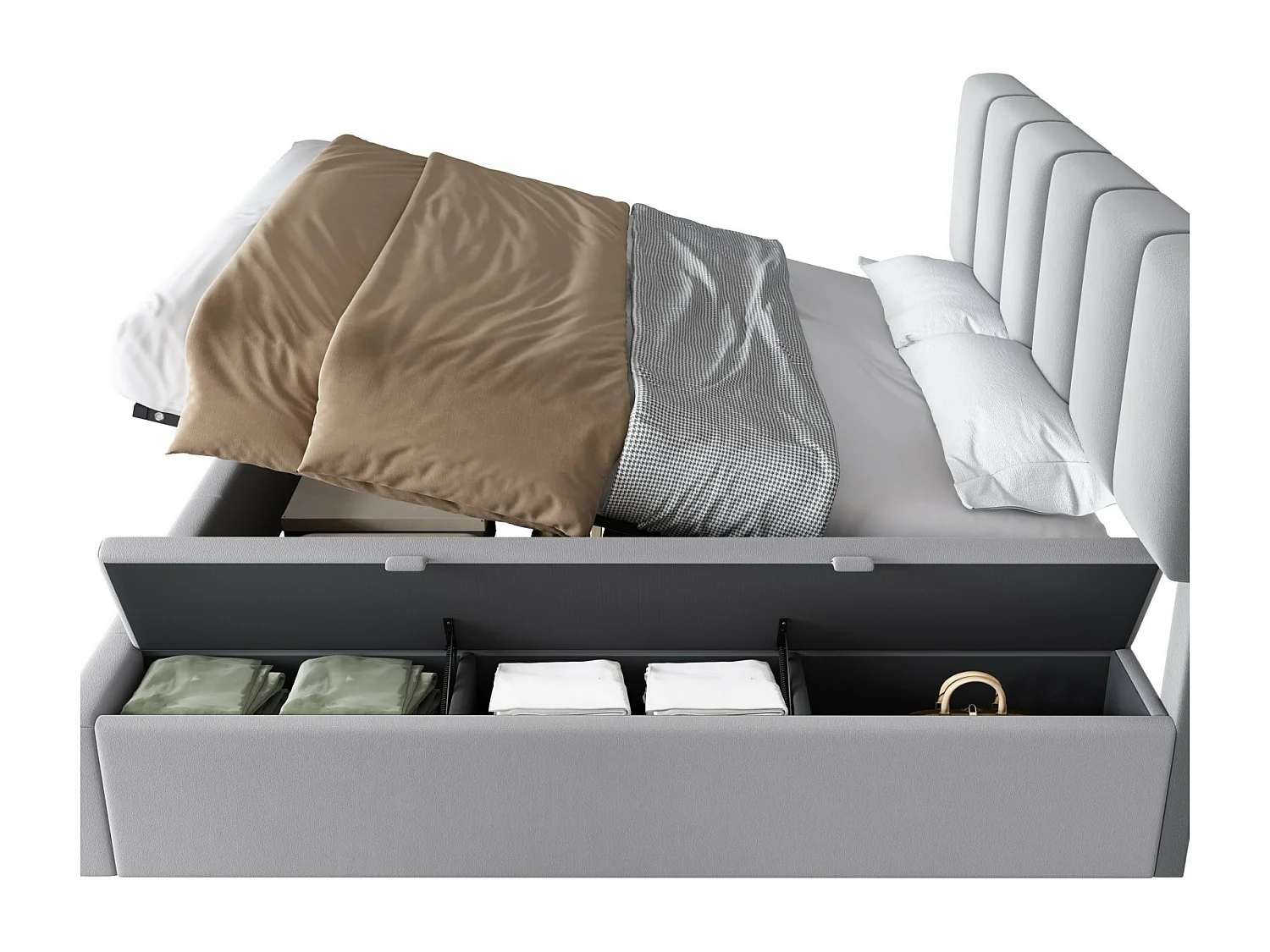 Lit coffre 160 x 200 cm avec tête de lit capitonnée - Velours Gris - cadre à lattes - lit 2 places avec banc de rangement sur le côté