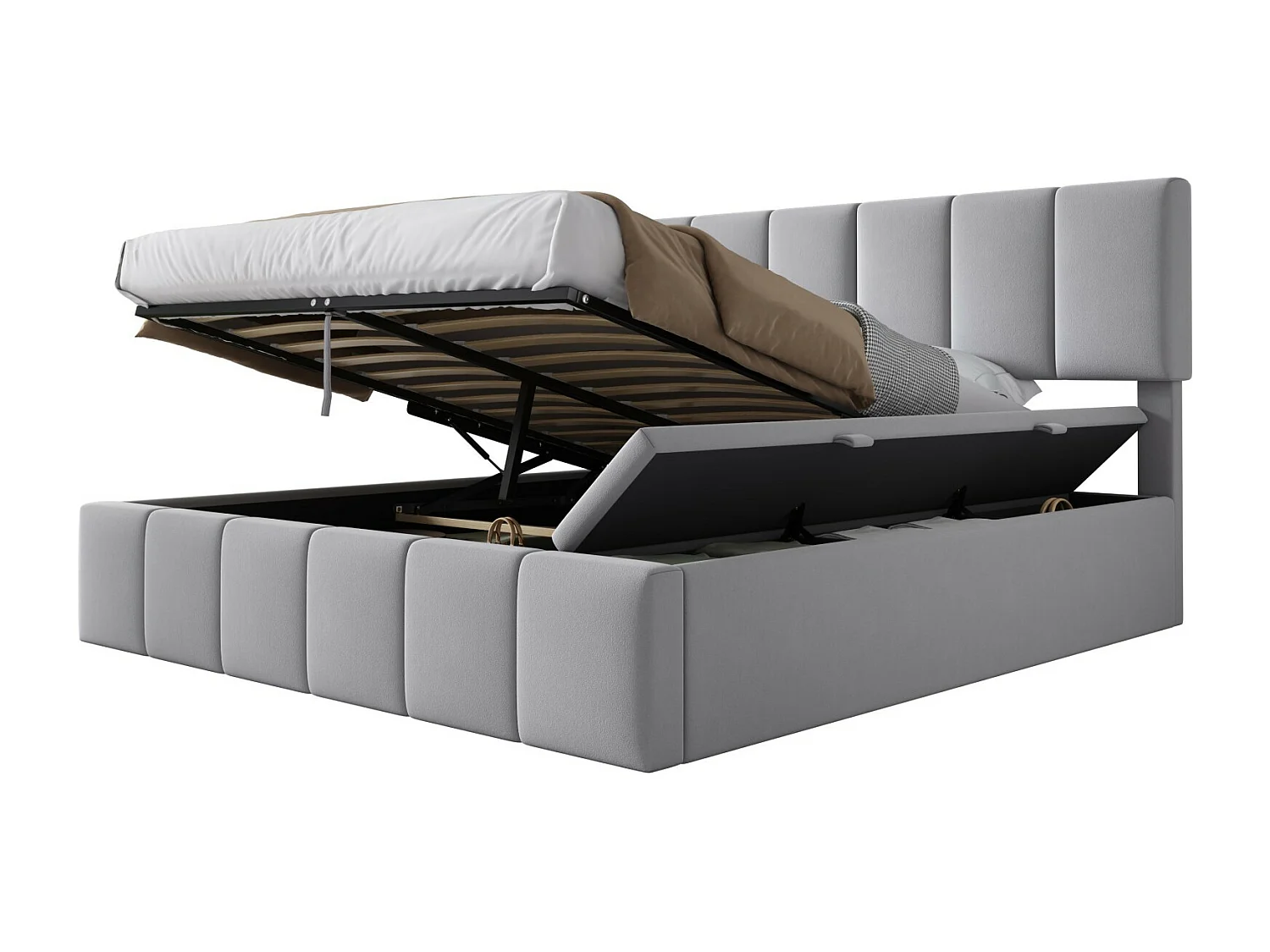 Lit coffre 160 x 200 cm avec tête de lit capitonnée - Velours Gris - cadre à lattes - lit 2 places avec banc de rangement sur le côté