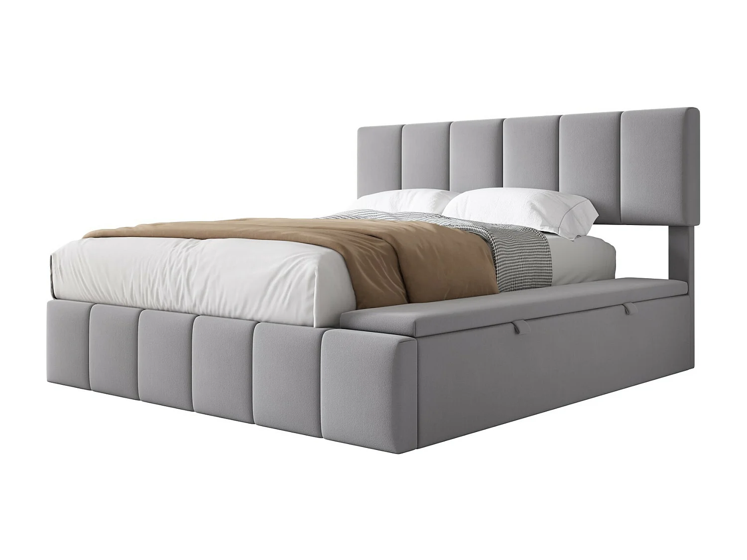 Lit coffre 160 x 200 cm avec tête de lit capitonnée - Velours Gris - cadre à lattes - lit 2 places avec banc de rangement sur le côté