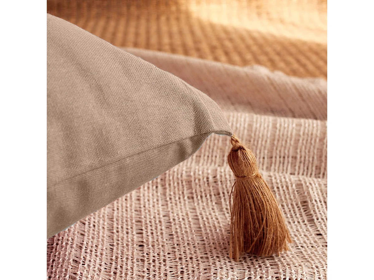 Coussin Déco Uni à Pompons "Panama" 50x70cm Naturel